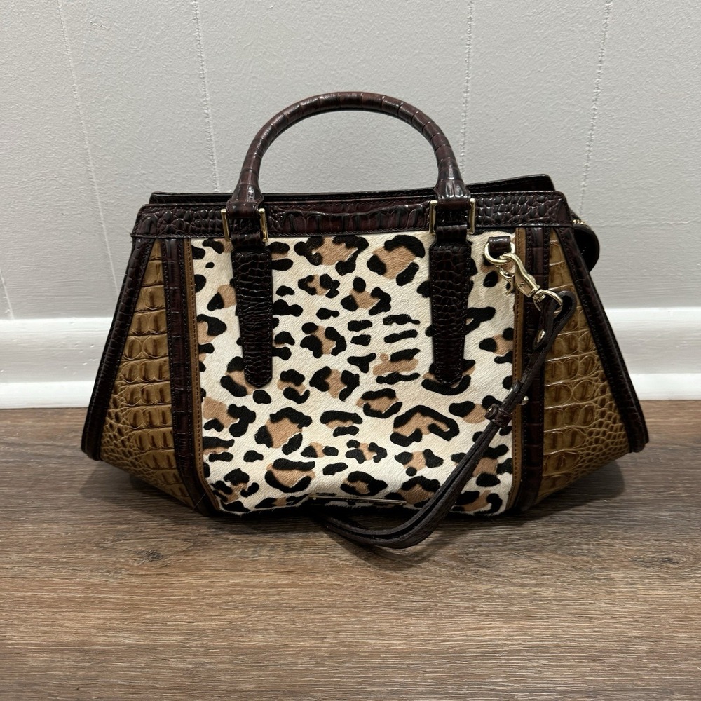 Brahmin Arden Satchel Brown Crocodile Style Leather Leopard‎ Fur